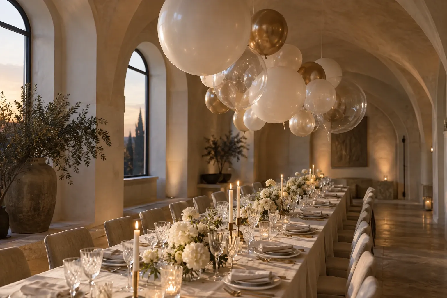 An intimate candlelit table beneath a floating pearl and champagne installation