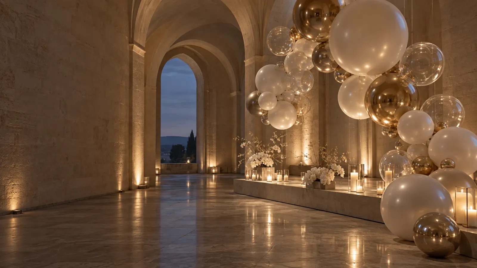 Pearl and champagne balloon sculptures glowing inside a vaulted ivory gallery at dusk