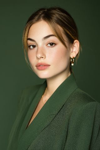 Studio portrait of woman in emerald blazer