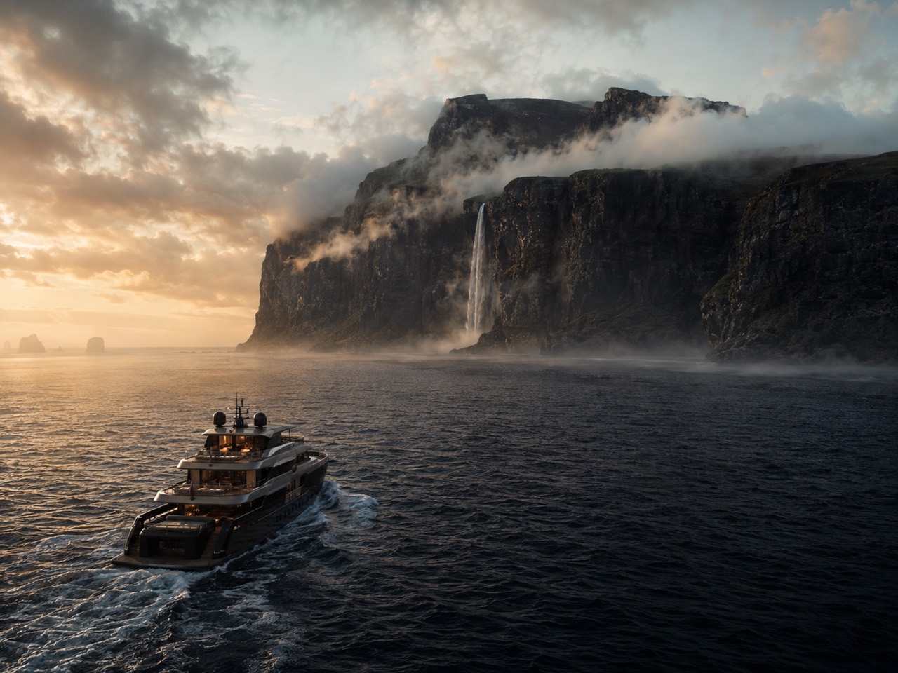 The Meridian approaching Kairo’s waterfall cliffs at dawn during the sailing season