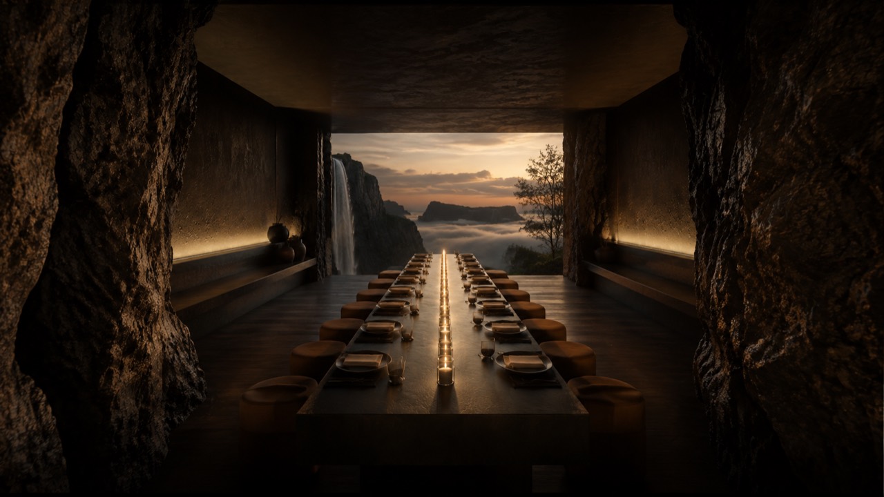 A long basalt dining table illuminated by candlelight and framed by the waterfall at dusk