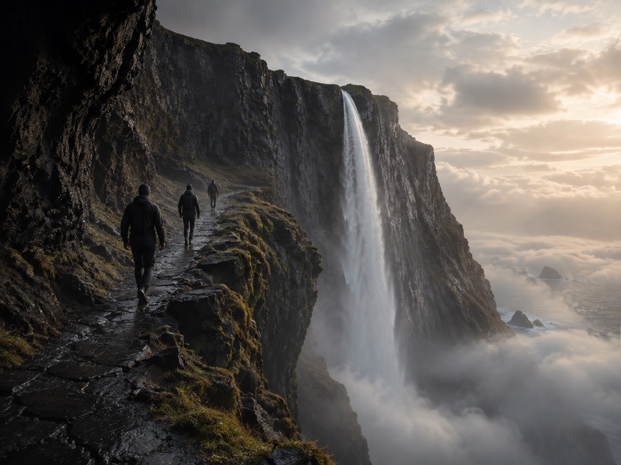 Three expedition walkers following the basalt rim path beside Kairo’s waterfall