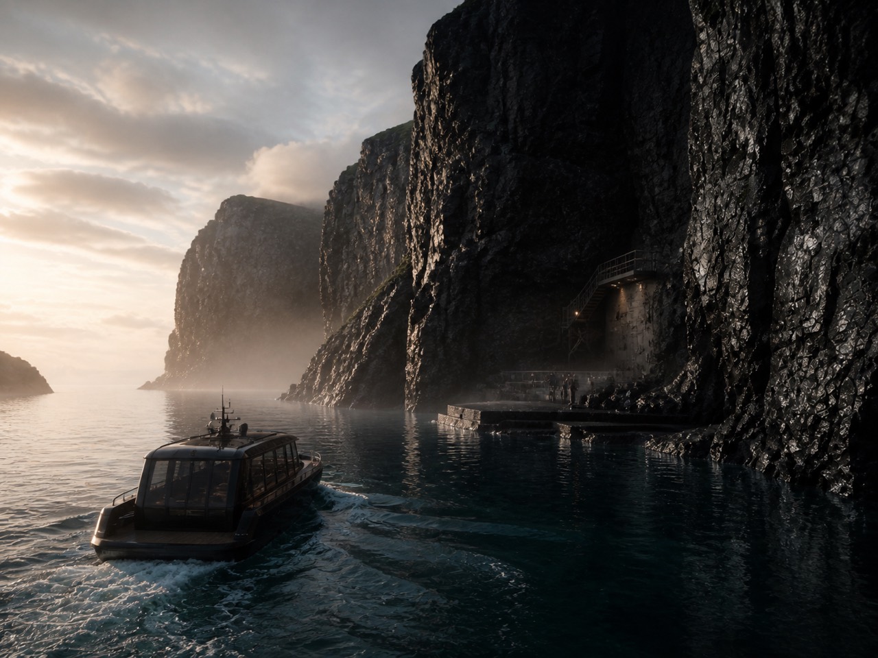 The expedition tender approaching Kairo’s basalt landing in the lee cove