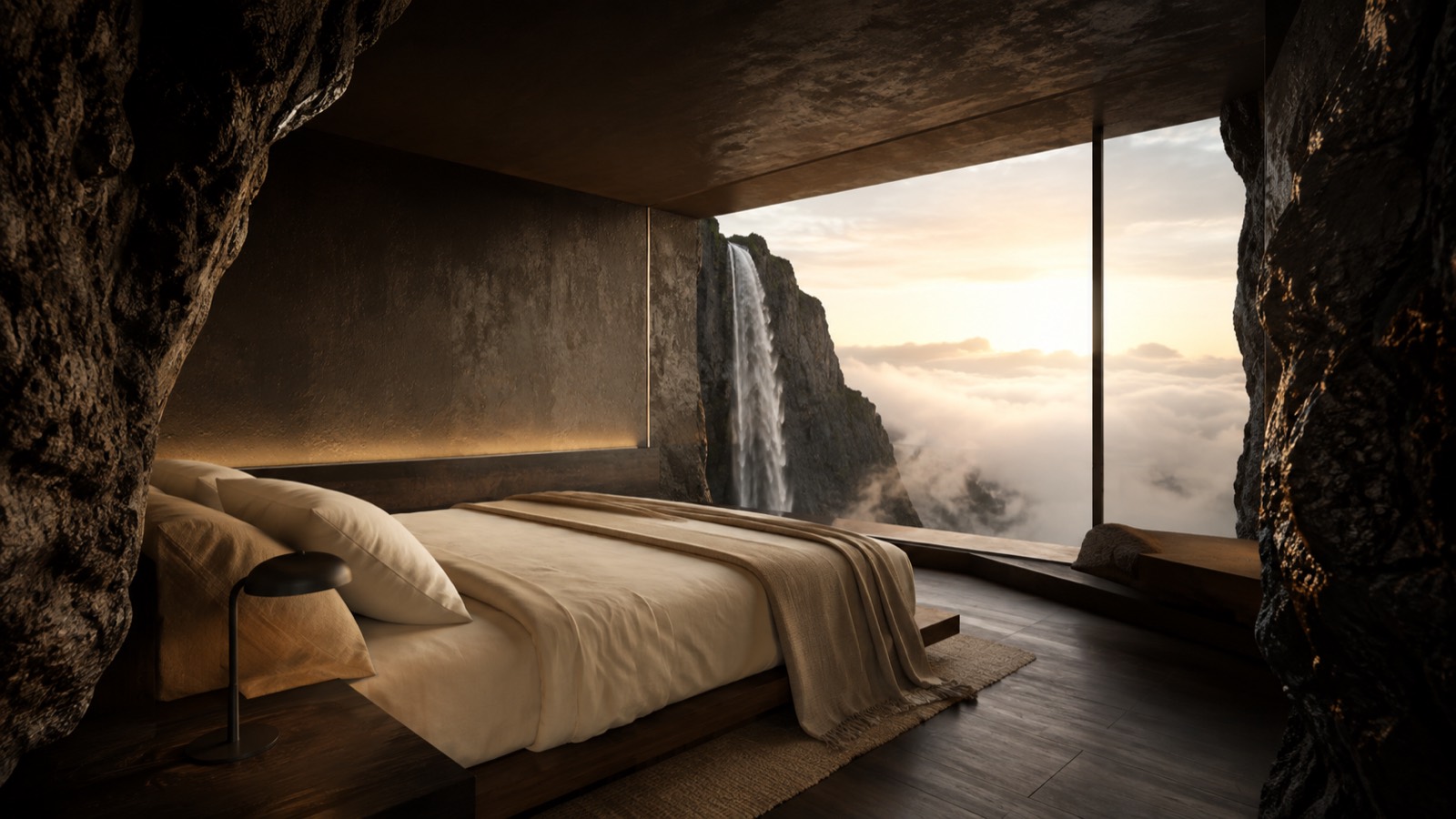 Suite III carved into volcanic stone, overlooking the waterfall and cloud sea