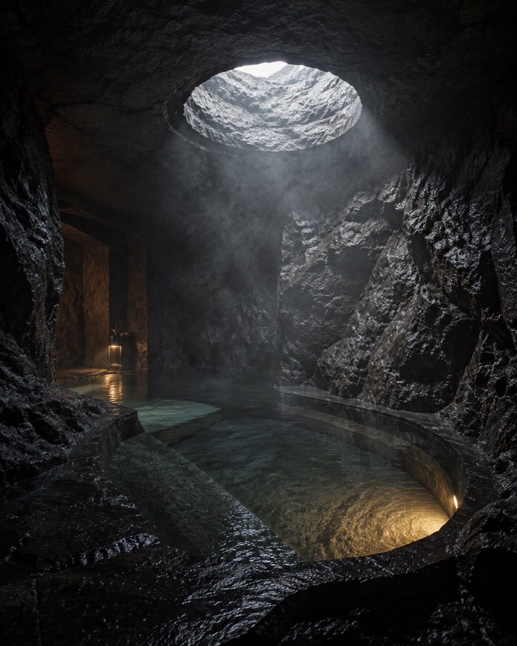 A warm mineral pool beneath a daylight oculus inside the volcanic mountain