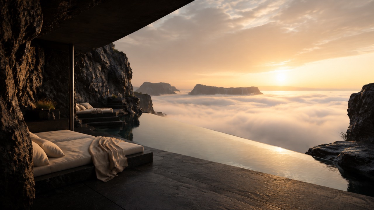A private basalt terrace with a still infinity pool above the cloud sea at dawn