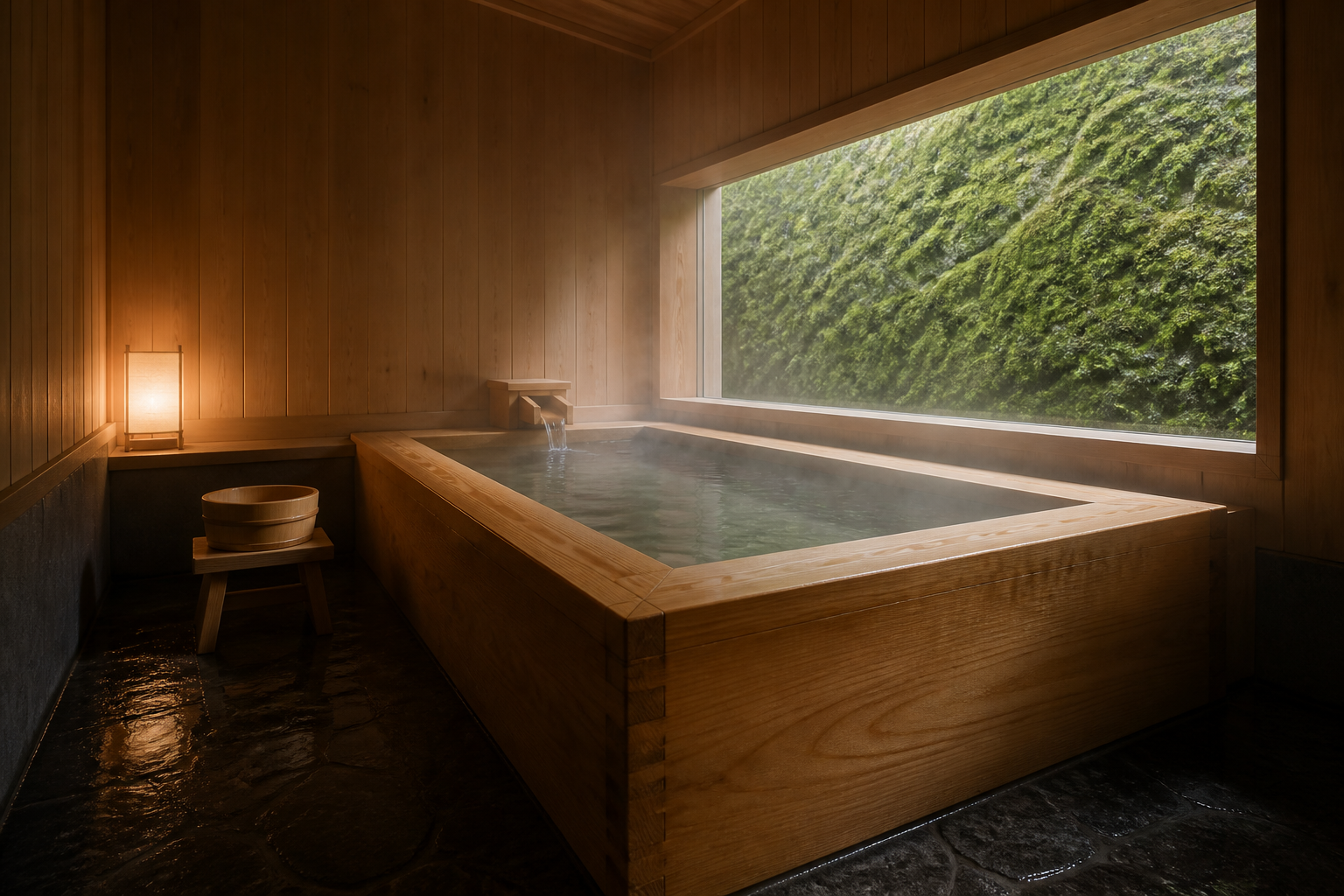 Hinoki: the indoor cypress bath lit by one broad window facing the moss