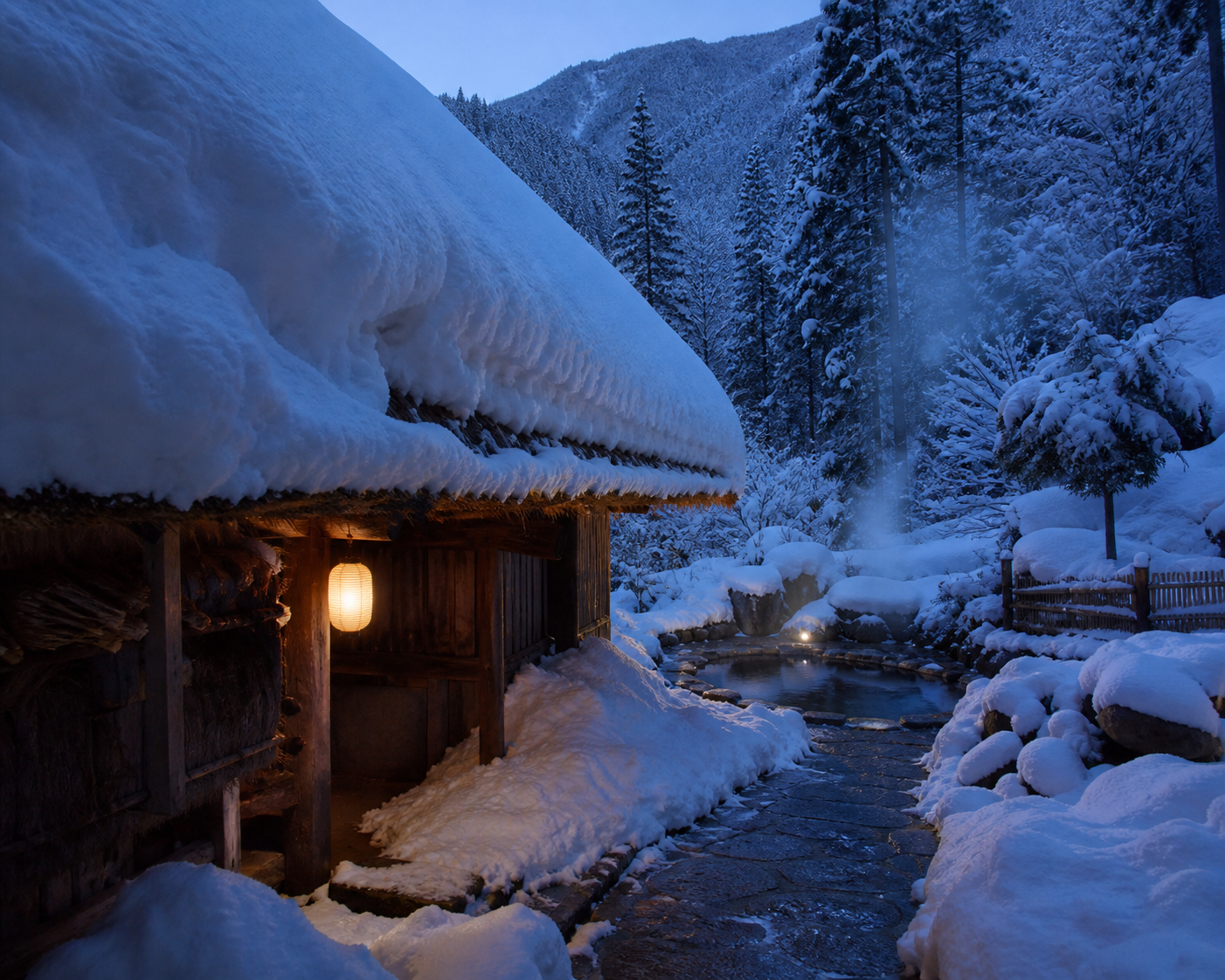 Deep winter snow reaching Kaya's eaves beside the steaming rotenburo at blue dawn