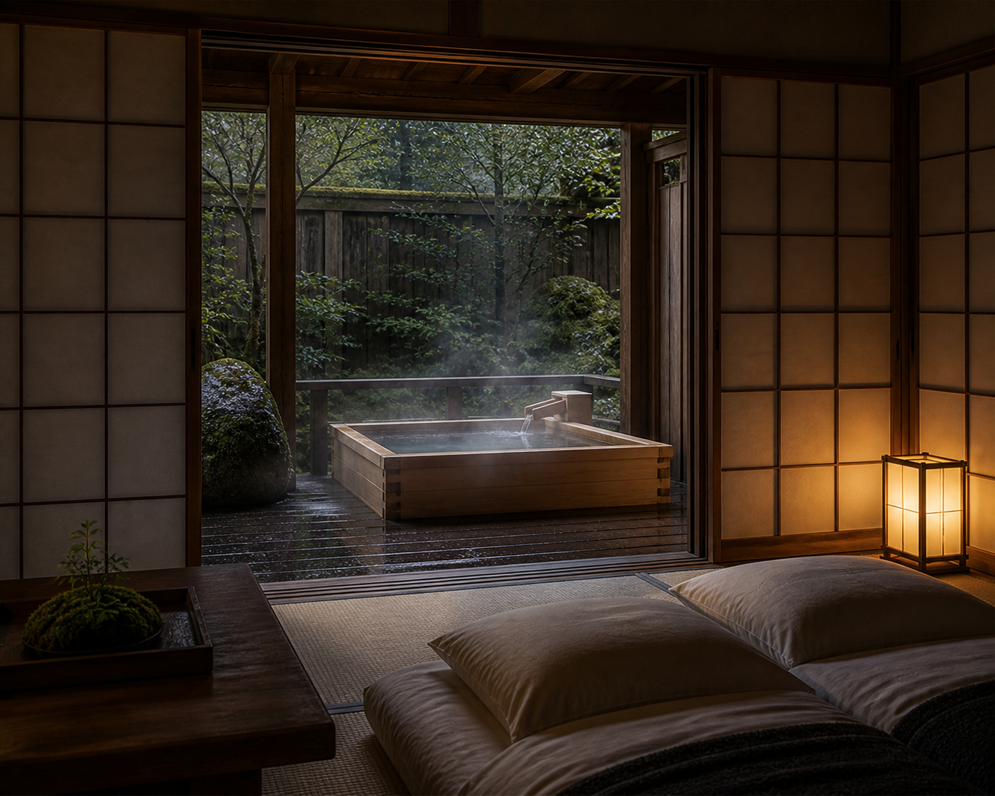 Yumori-no-ma opening from its tatami room onto a private steaming cedar bath in the moss garden