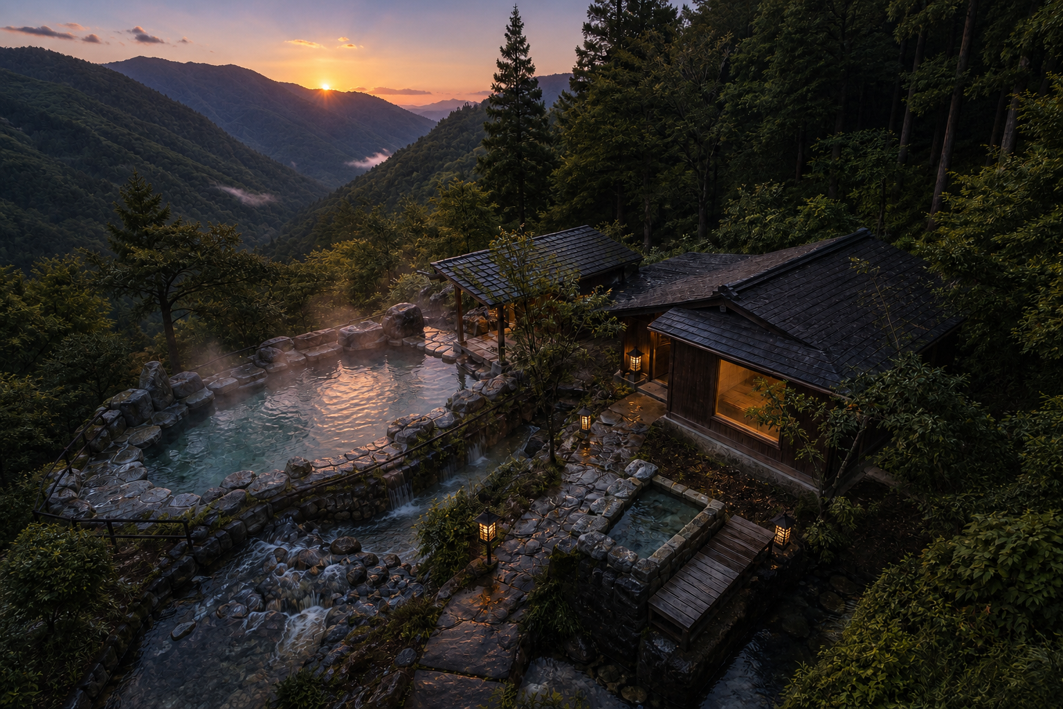 An elevated sunset view of Kaya's three baths beside a mountain stream in the Onodani valley