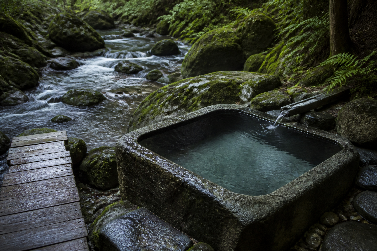 Kama: the cold stone plunge beside the stream, with clear water running directly into it