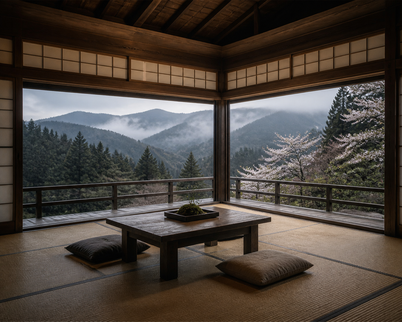 Kaya-no-ma's wall-wide corner shoji framing the misty Onodani ridge above a quiet tatami room