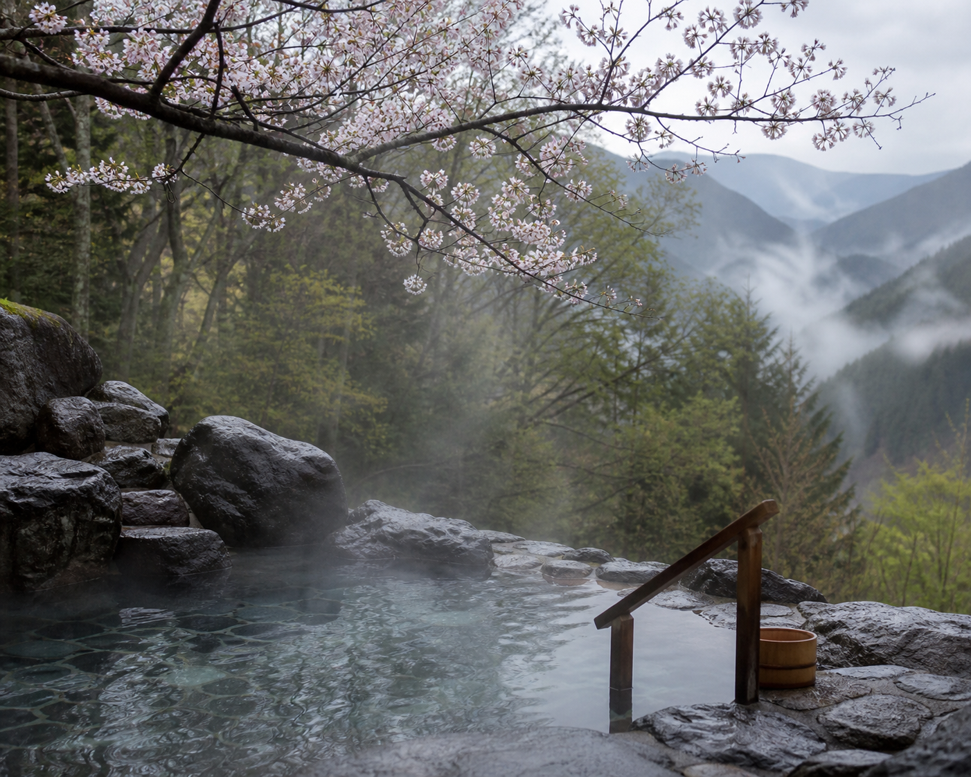 Spring blossom above Kaya's steaming outdoor stone bath in the cool mountain mist