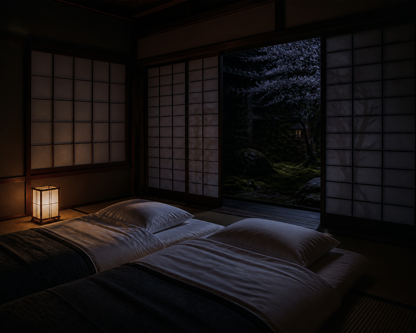 Two futons laid out in Yamane beside one low paper lamp, with the moonlit moss garden beyond