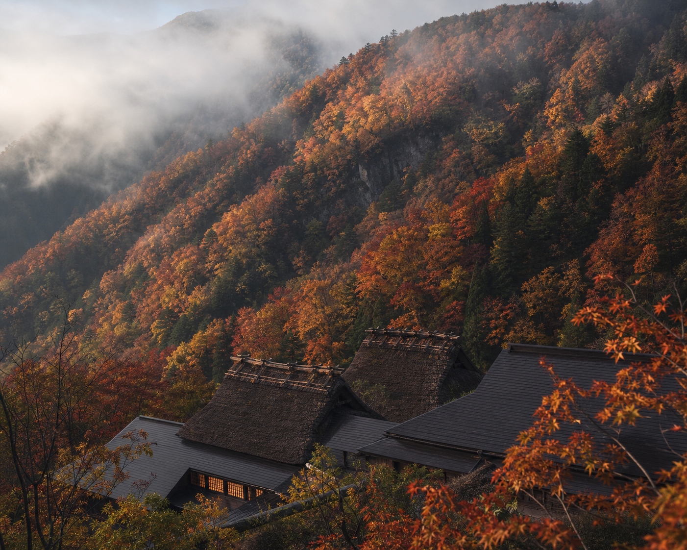 Autumn maple covering the east ridge above Kaya's dark cedar and thatched roofs