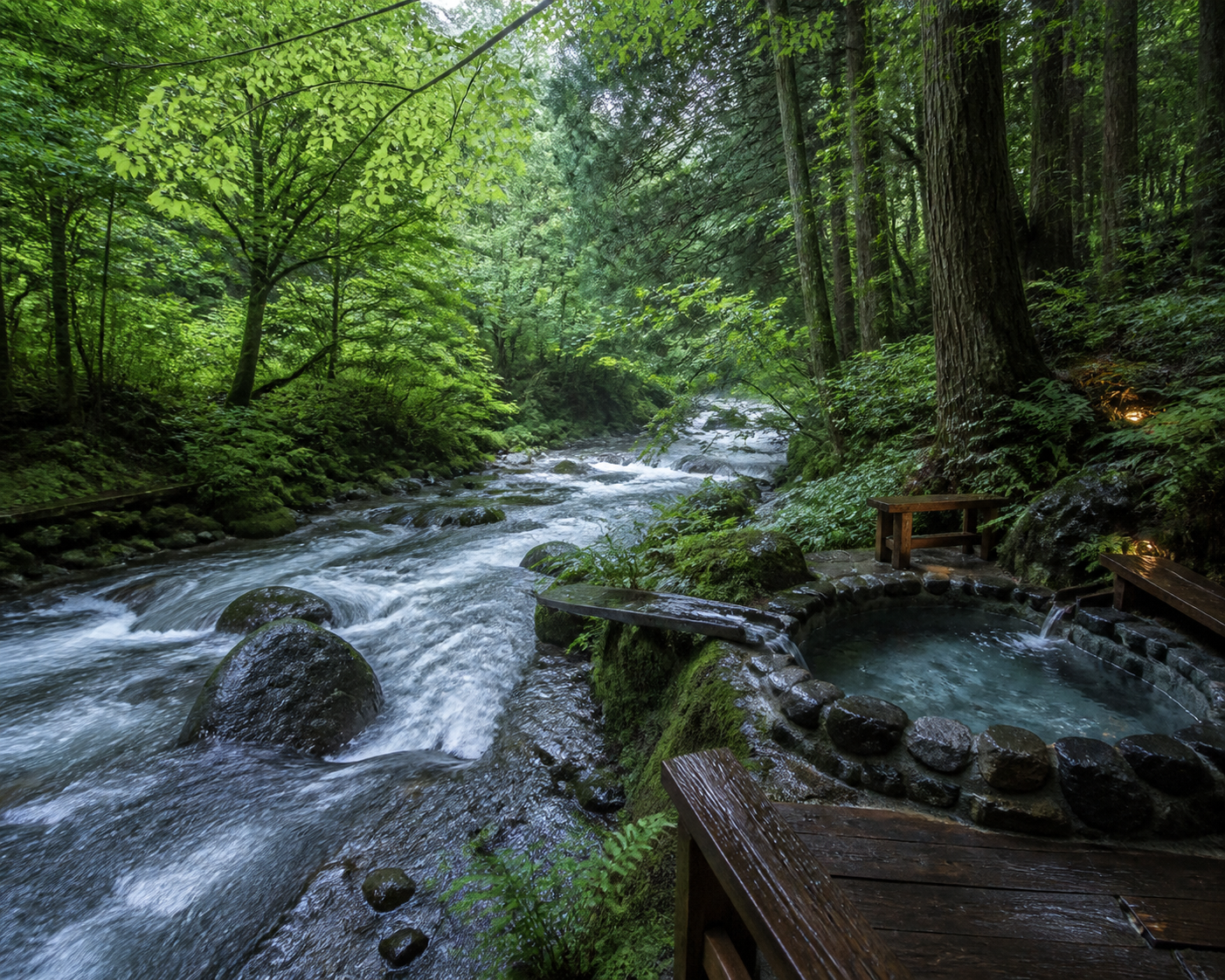 The summer river rushing beside Kaya's cold stream-fed plunge under the green cedar canopy