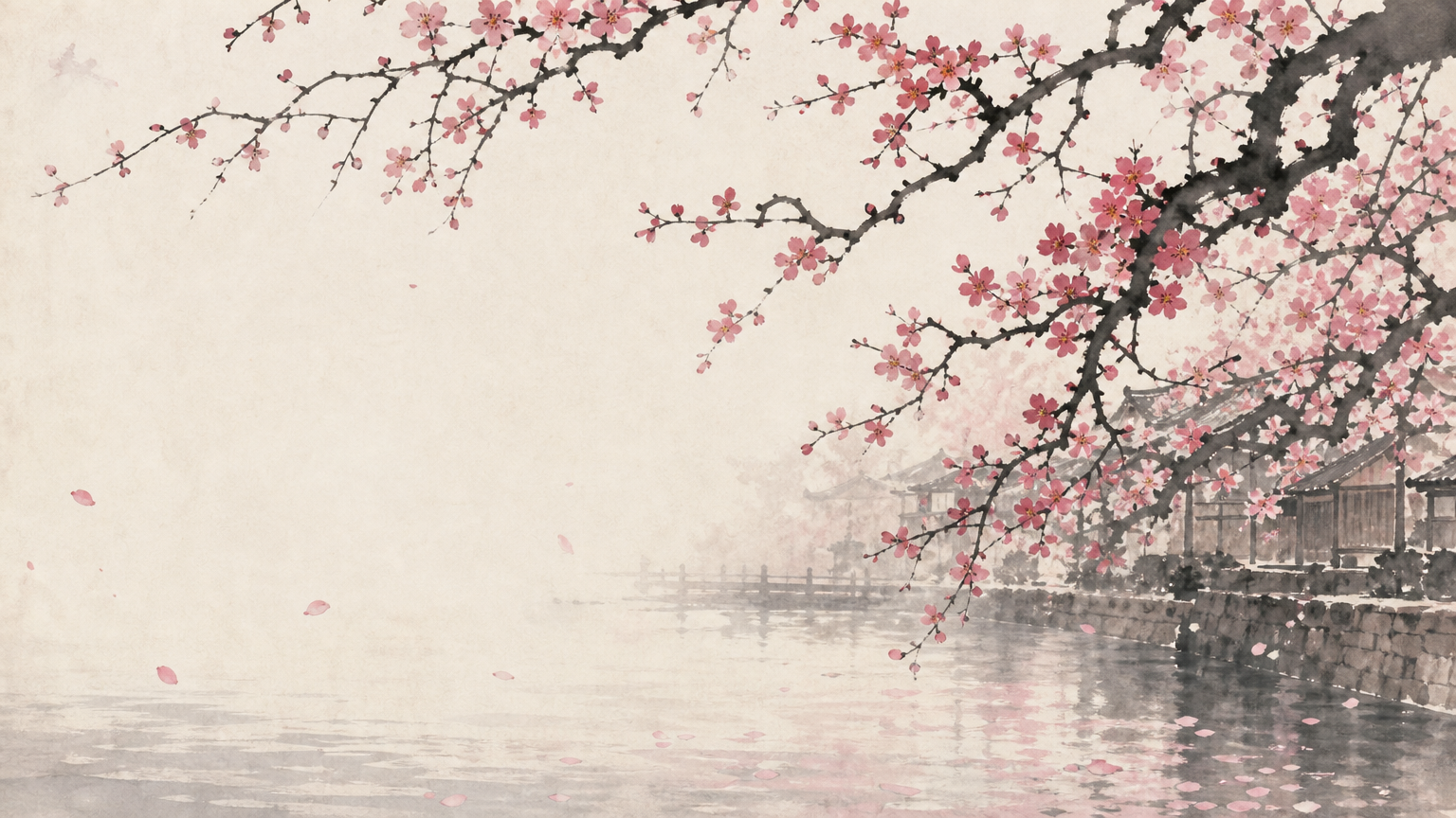 Sakura petals drifting on a quiet river