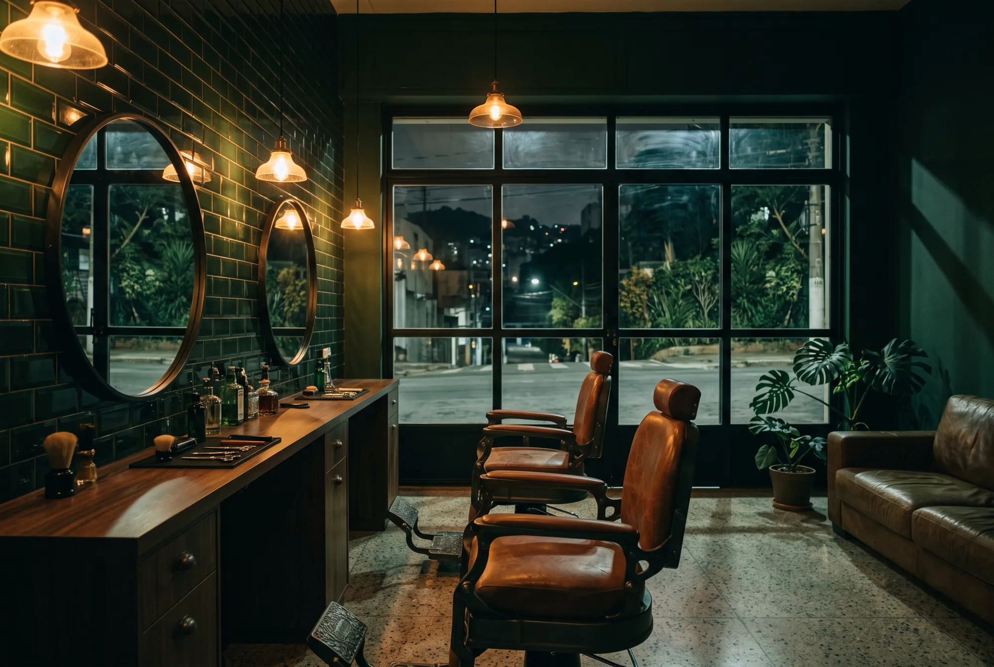 Interior da barbearia à noite com duas cadeiras de couro, espelhos redondos, parede de azulejo verde e janela para a rua