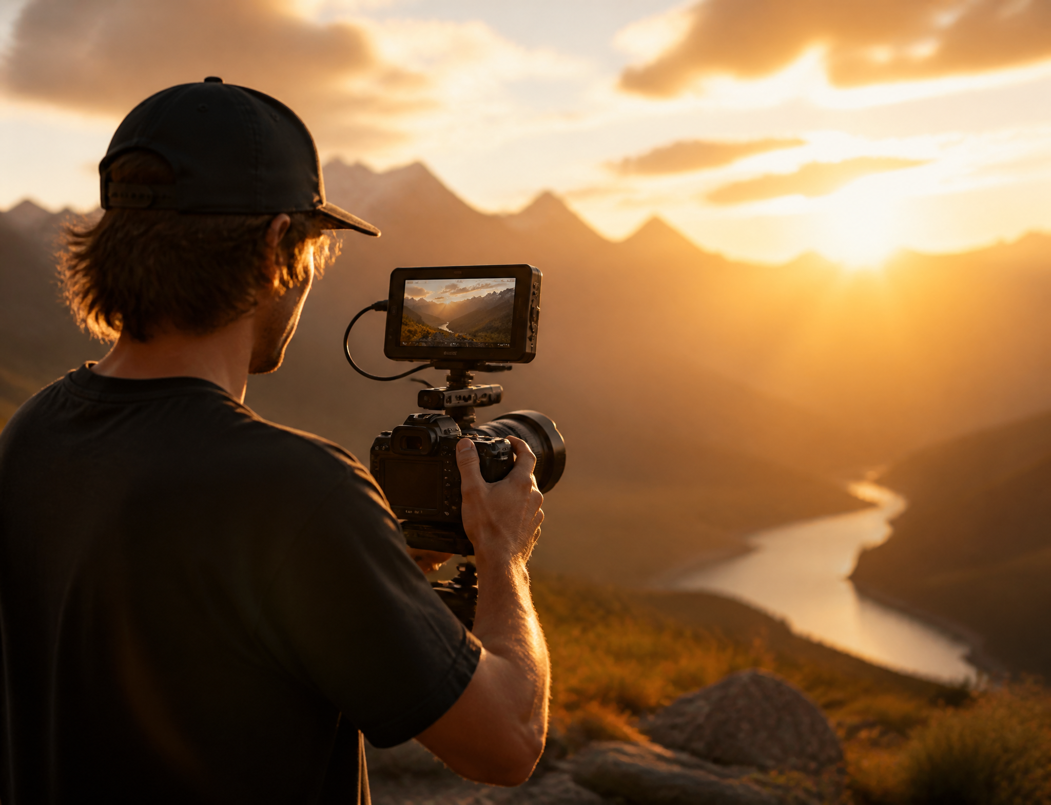 Creator filming cinematic video outdoors