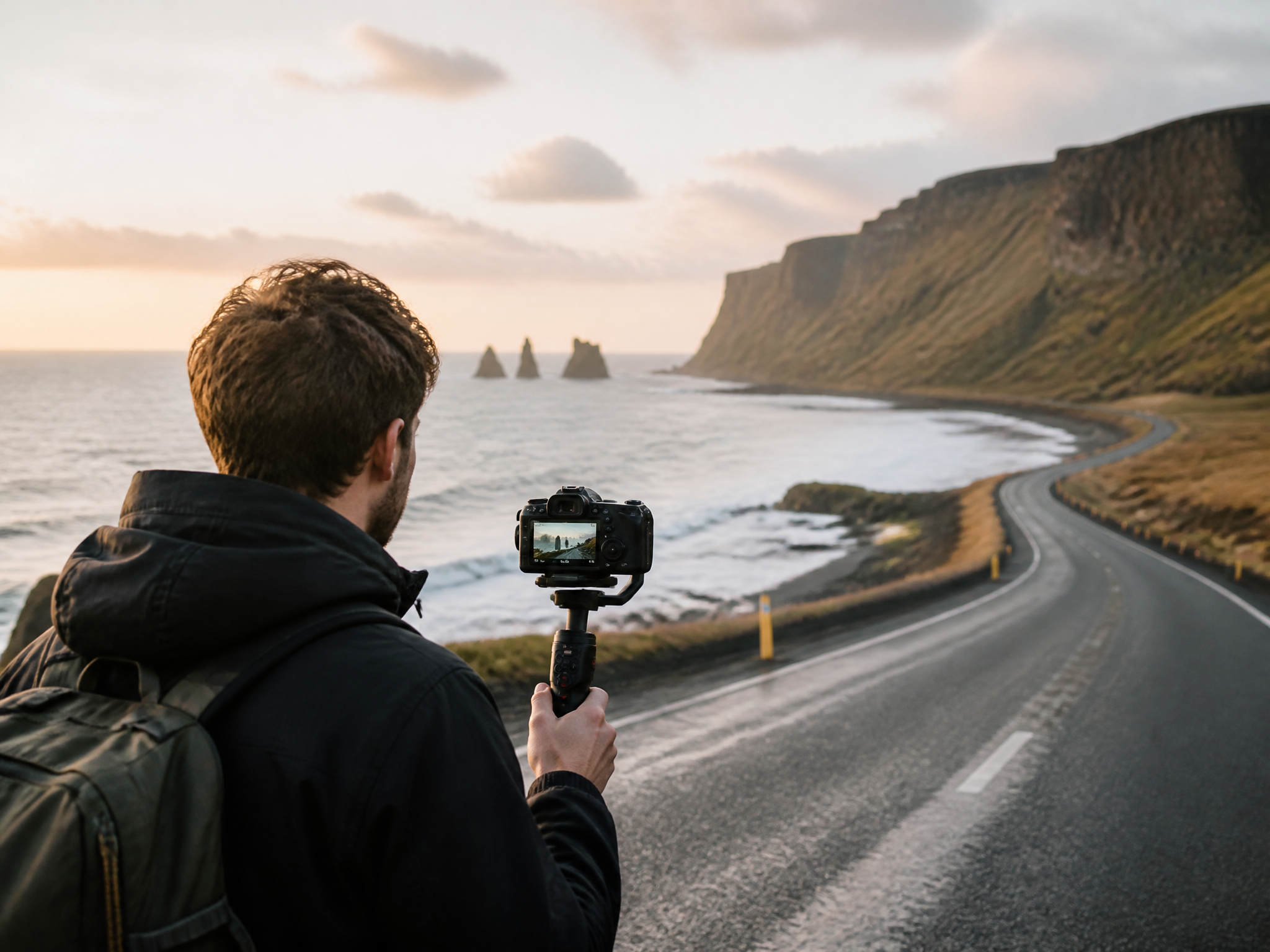 Travel creator filming a coastal road