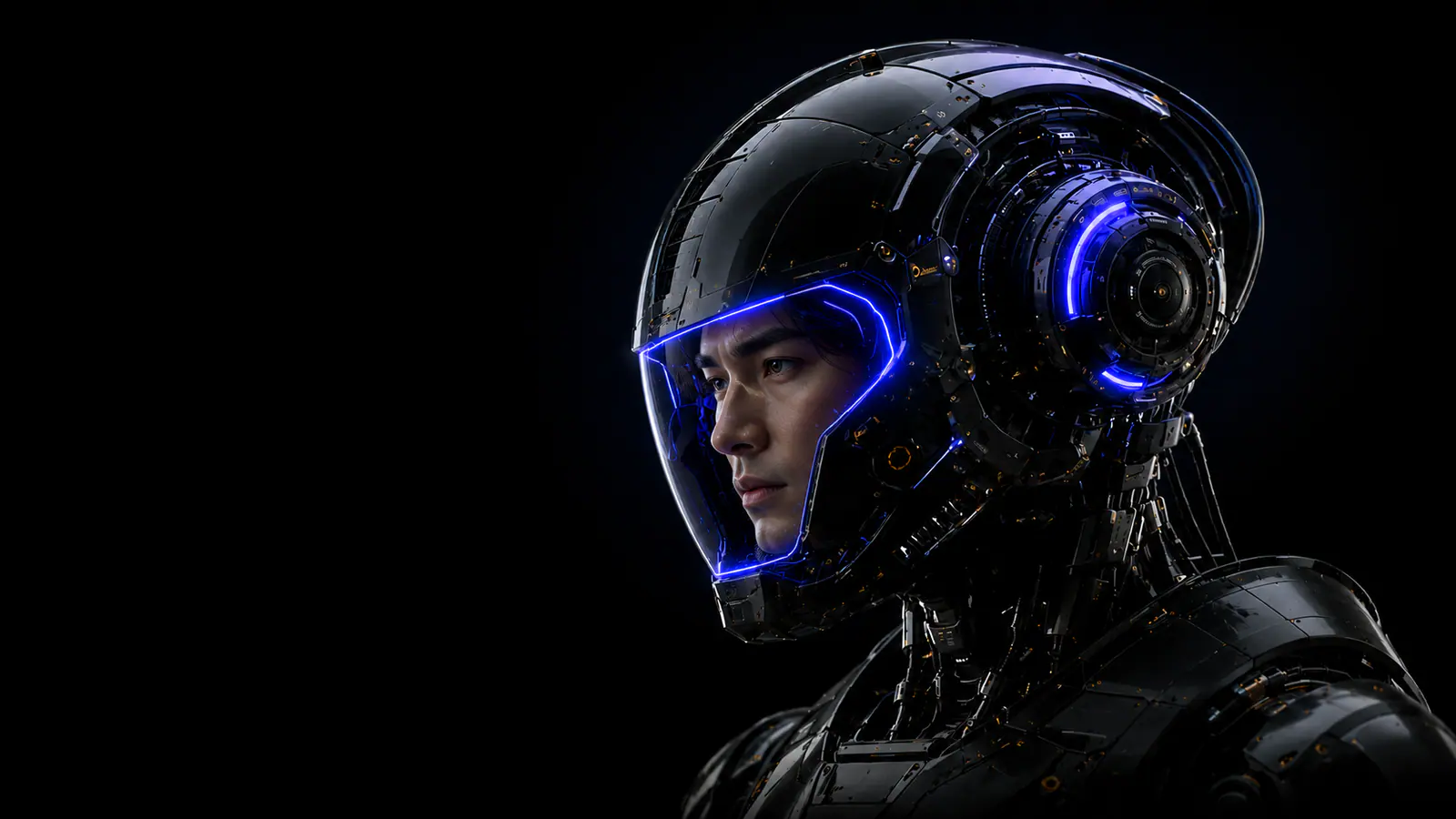 The same helmet revealing a human face beneath the machine