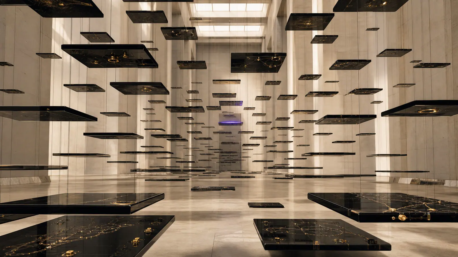 NTH archive of levitating black glass memory slabs