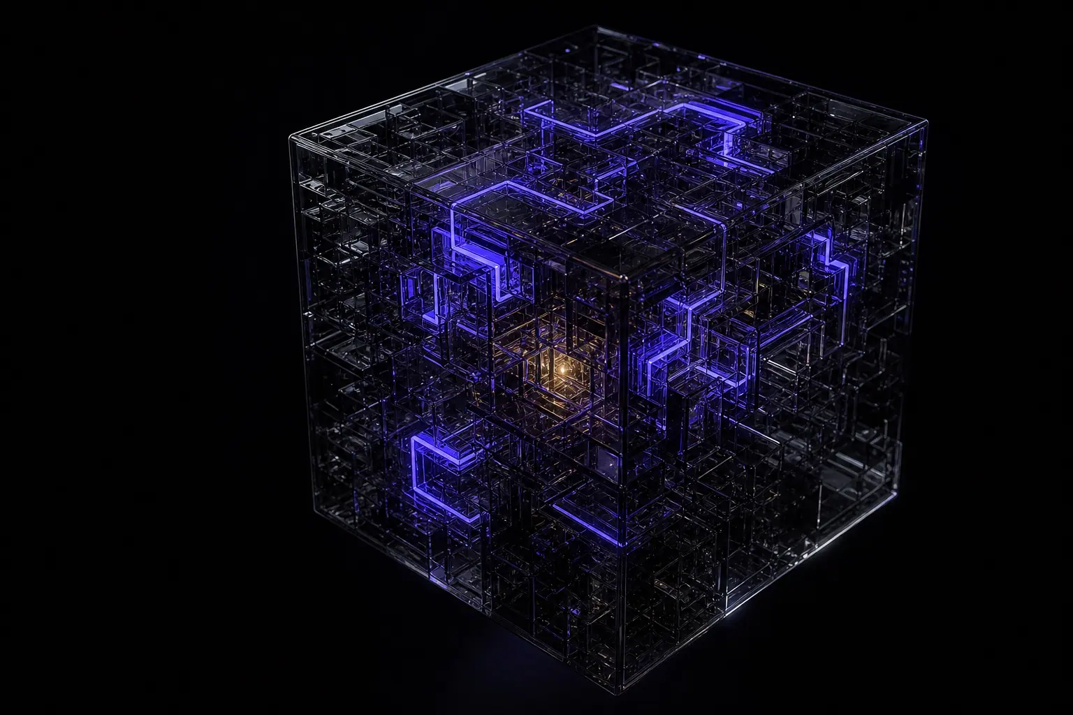A transparent black glass labyrinth containing a violet path