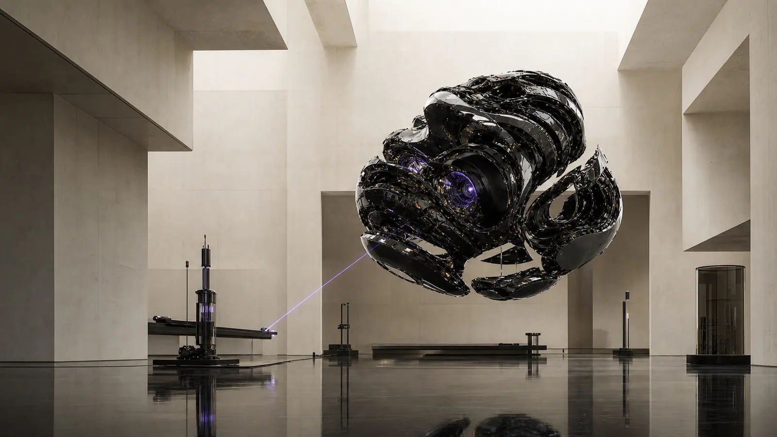 A monumental black intelligence sculpture floating inside a warm white future laboratory