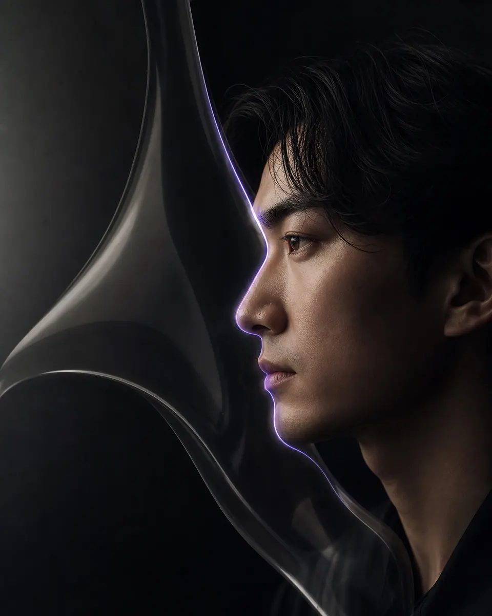 HALO editorial portrait of a human face meeting a translucent membrane