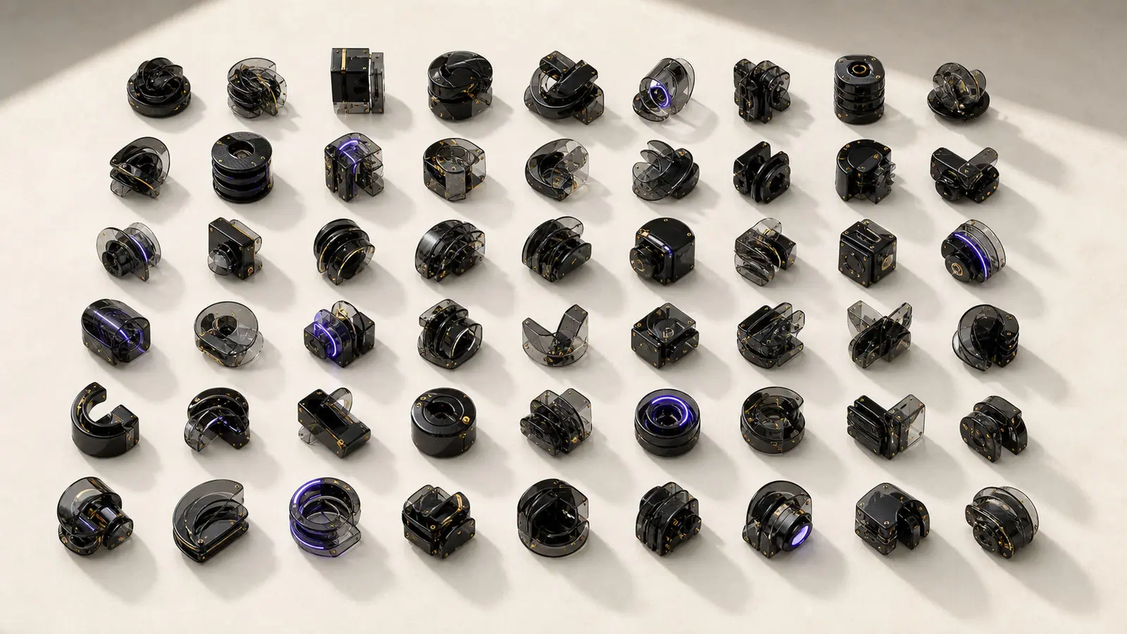 A physical system of unique black glass glyph-like objects