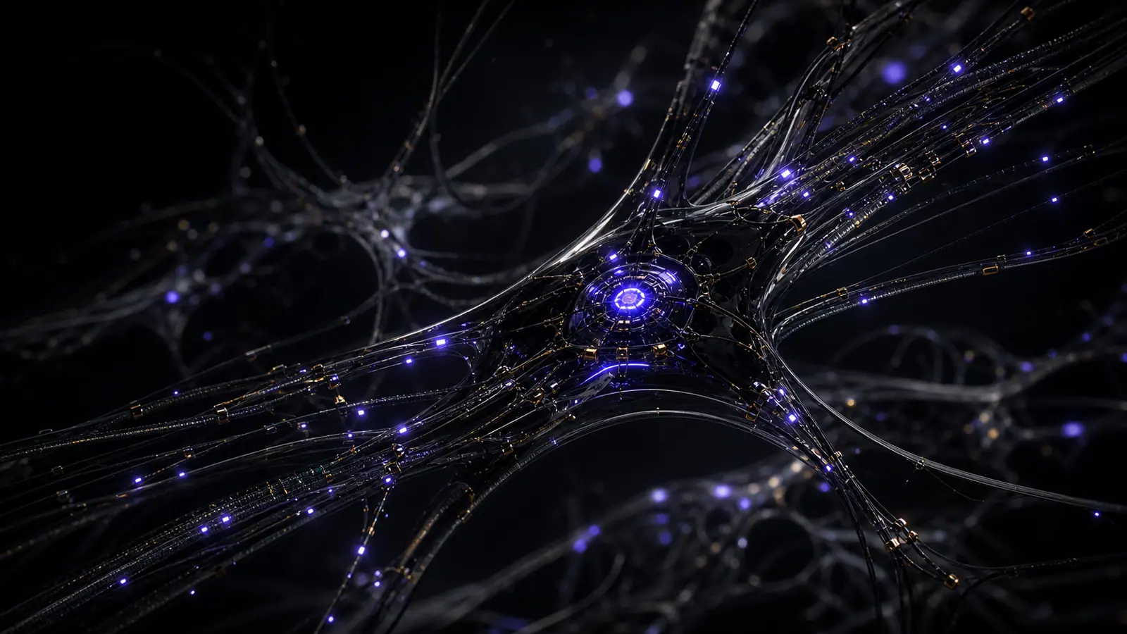 A living network of black glass neural filaments carrying violet light