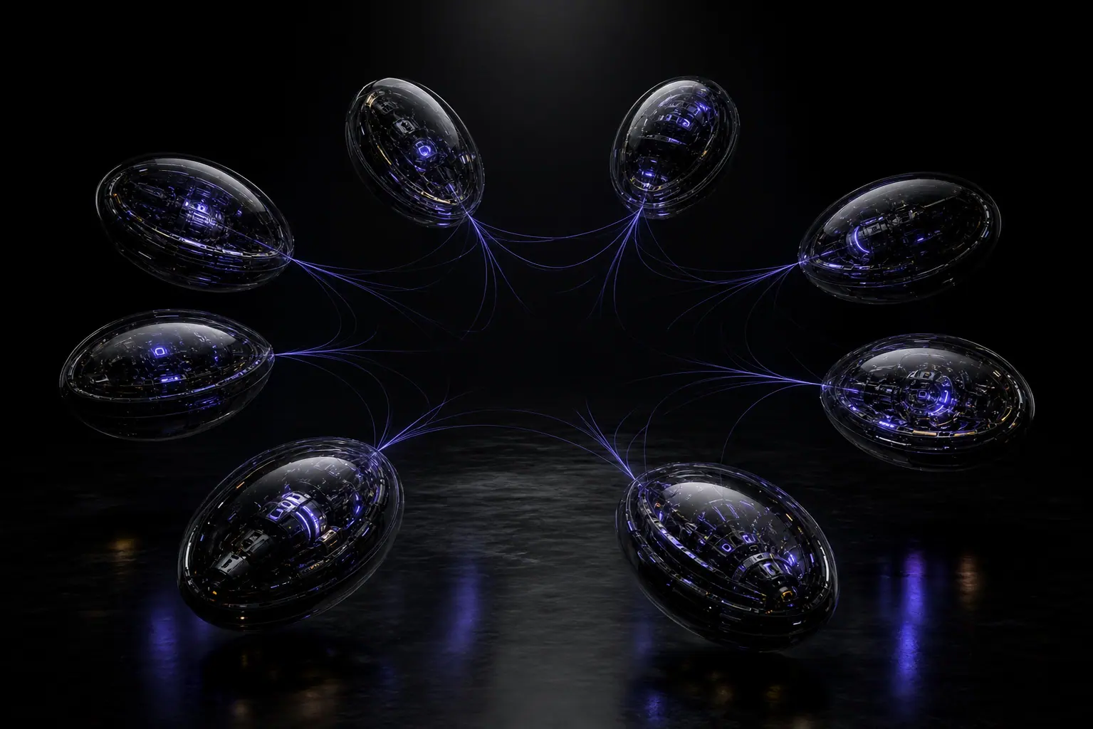 Nine black glass intelligence objects linked by fine violet filaments