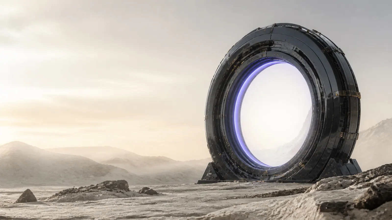 A monumental black portal in a pale mineral landscape