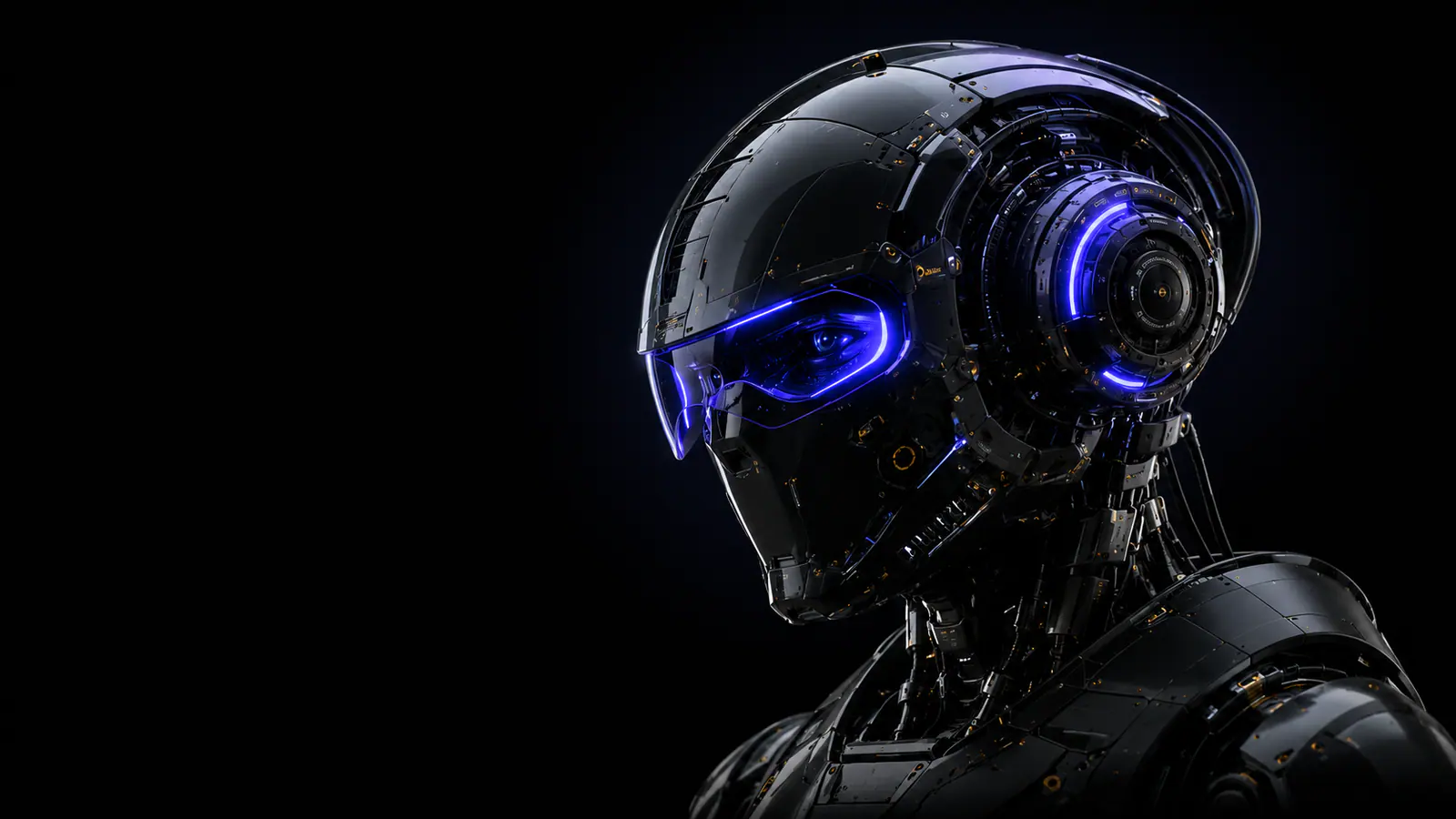 A black futuristic synthetic figure wearing an illuminated helmet