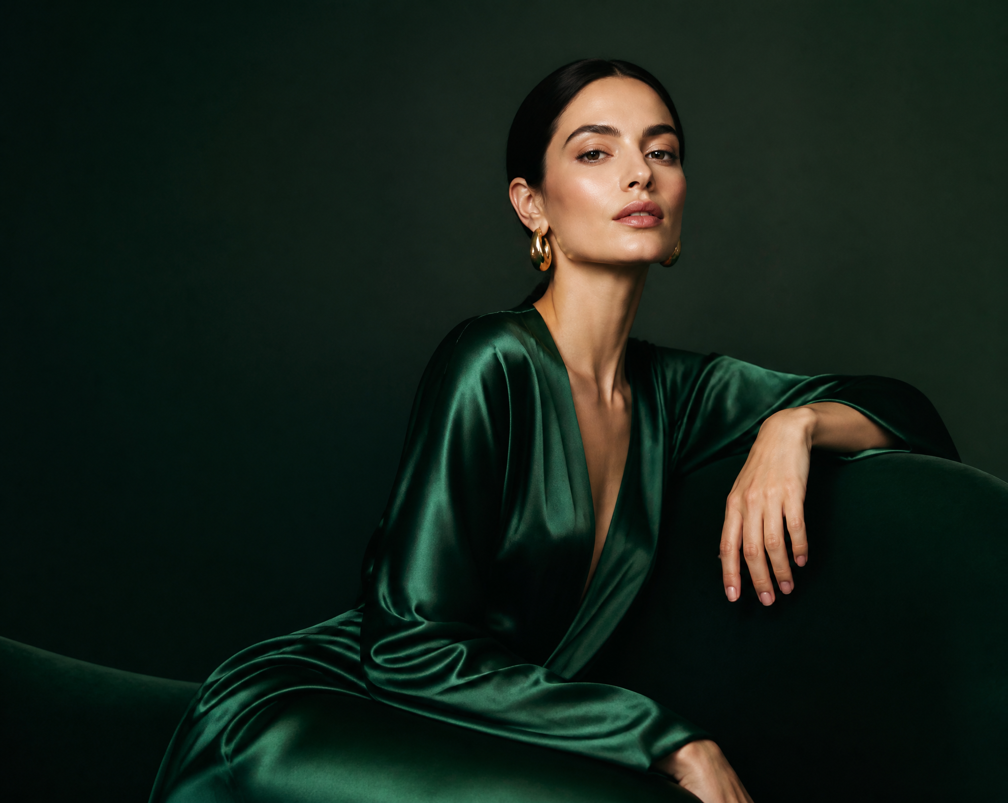 Editorial woman in emerald satin