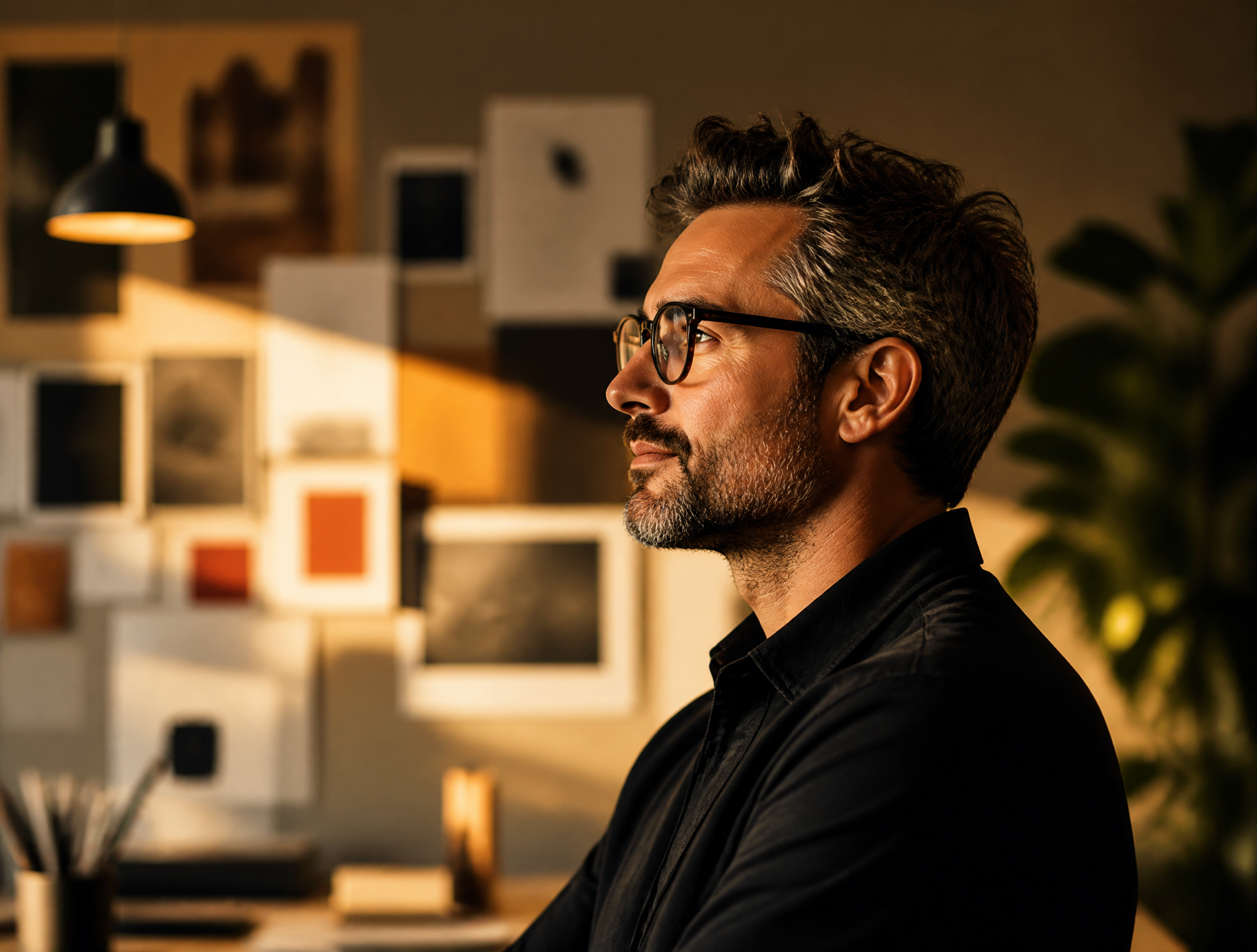 Profile of a creative director in warm studio light