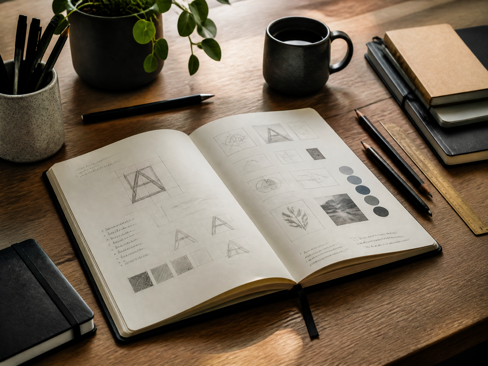 Sketchbook and writing tools on a desk