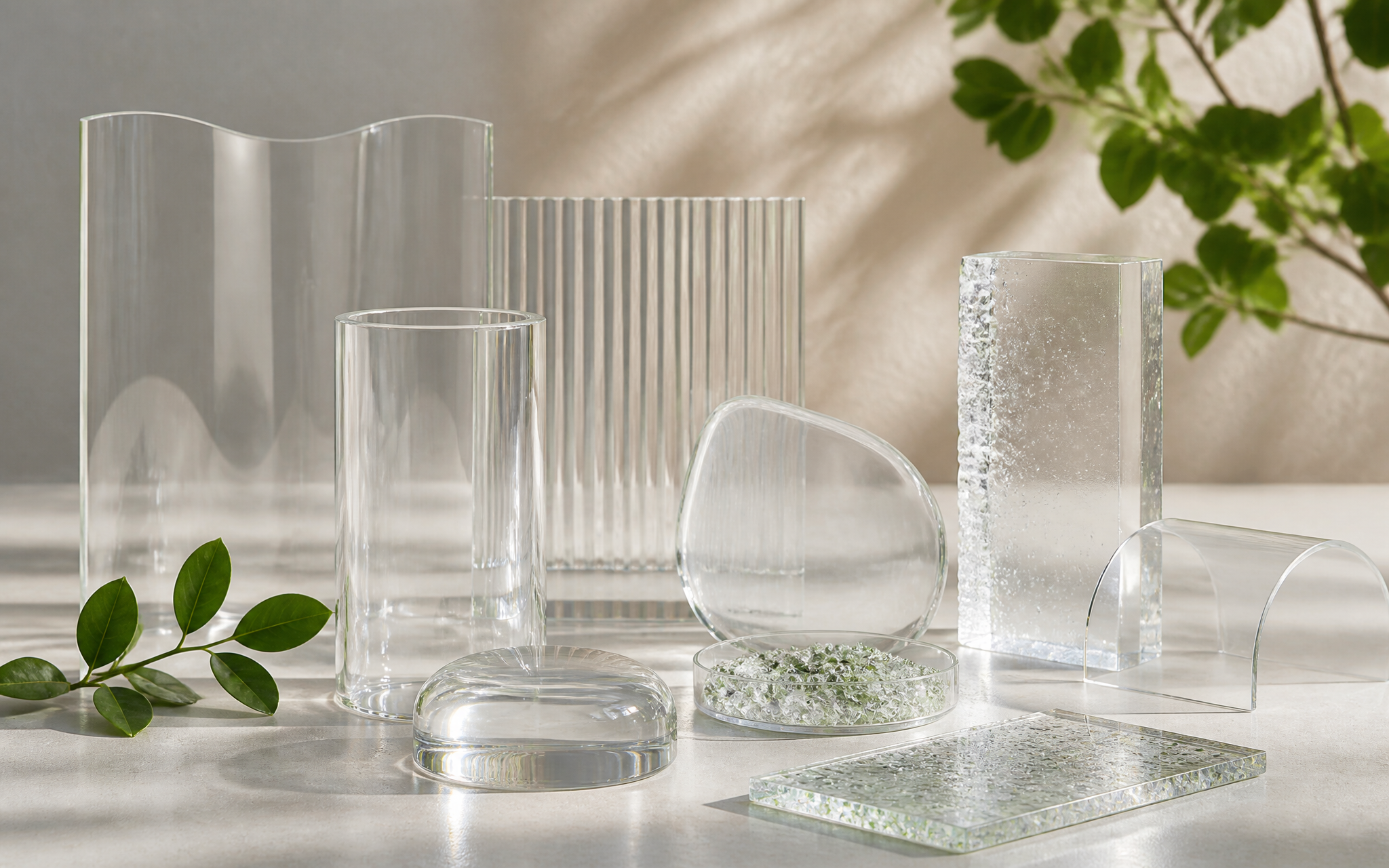 Transparent glass forms for a sustainable materials brand