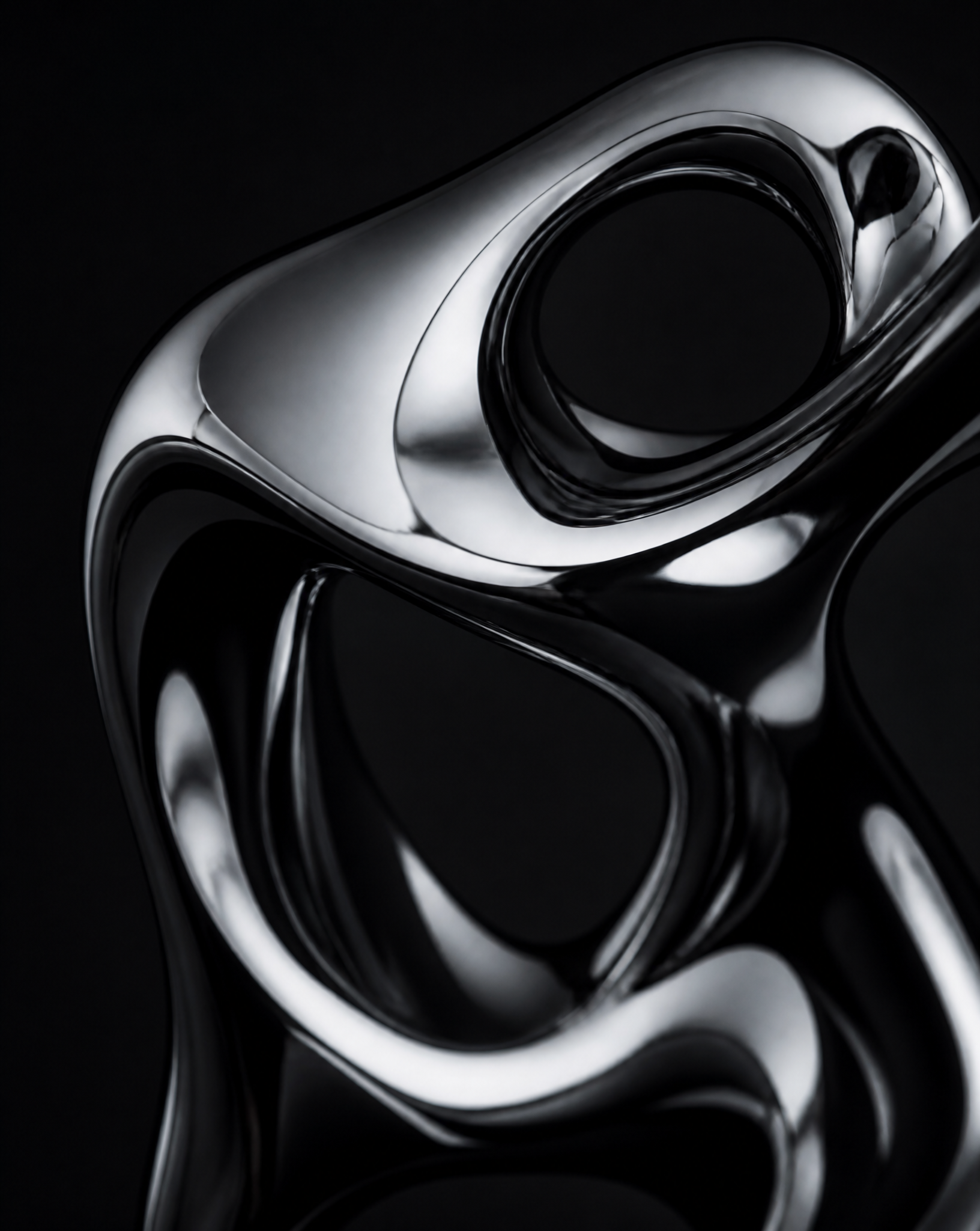 Close-up of a dark sculptural chrome object