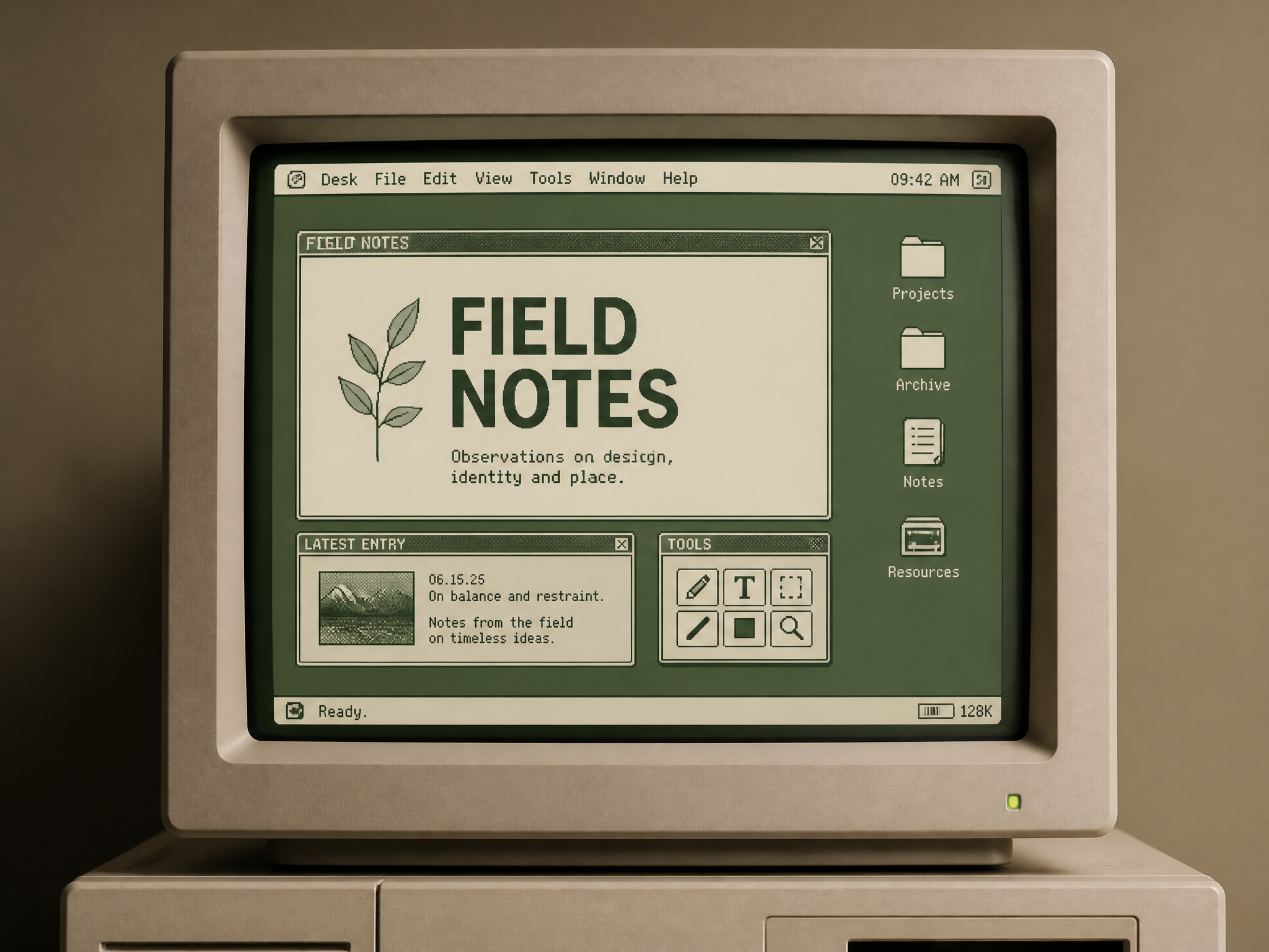 Retro computer display with graphic interface for Field Notes project
