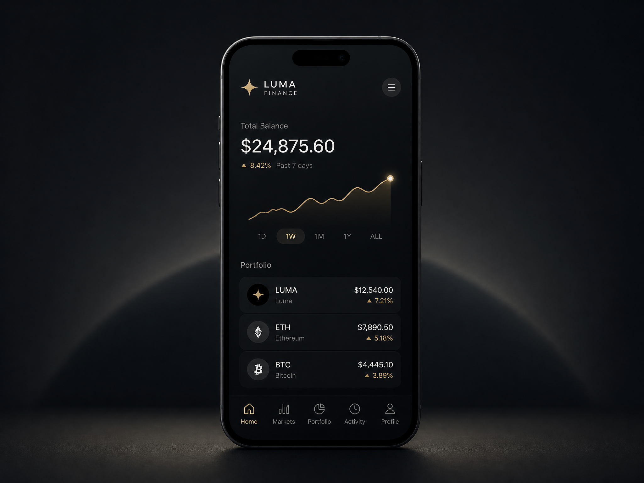 Minimal dark mobile interface for Luma Finance project