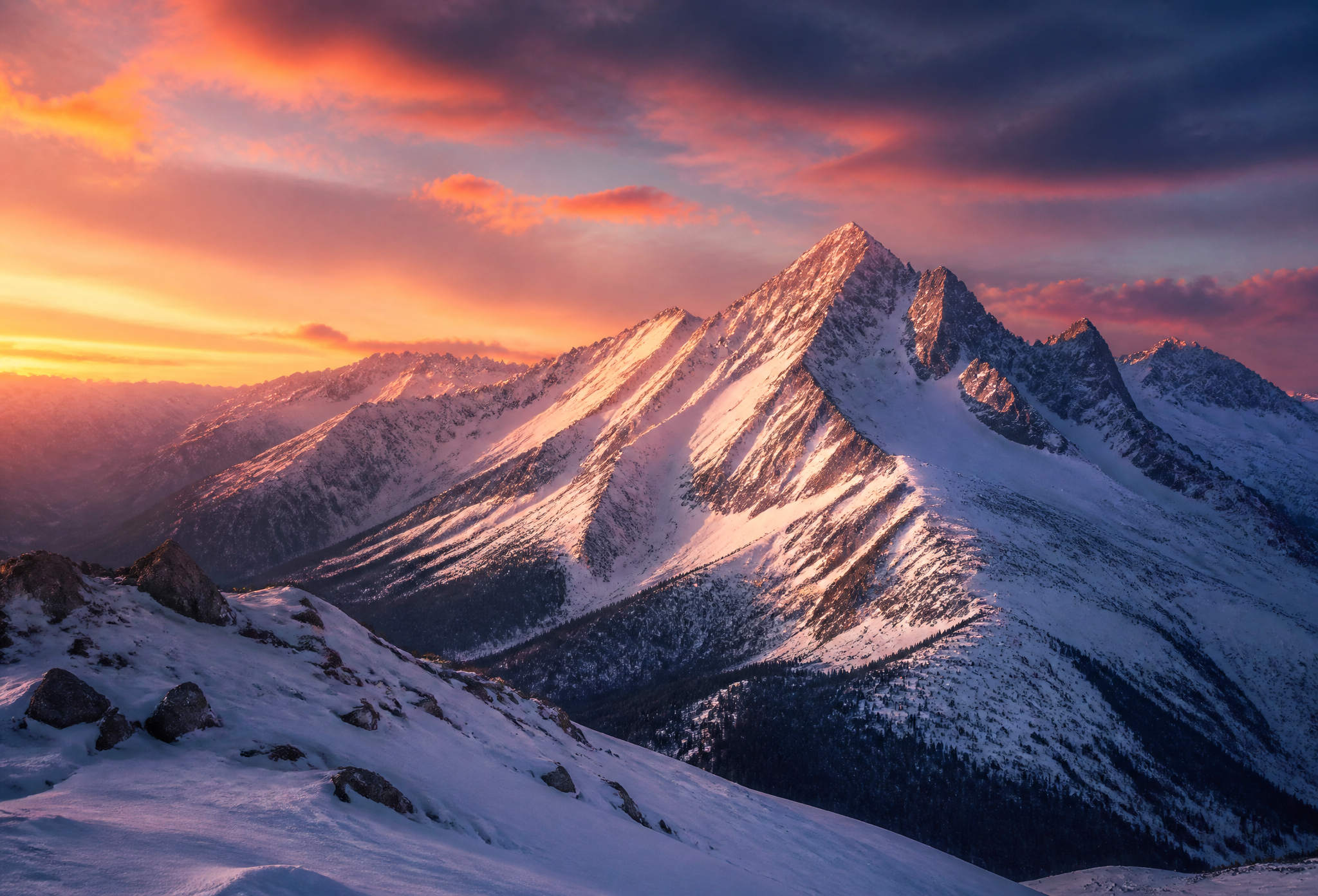 Snowy mountain range at dusk