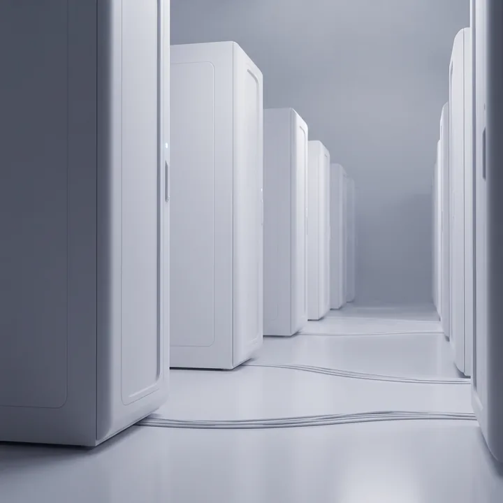 A long aisle of machine cabinets under weak strip light