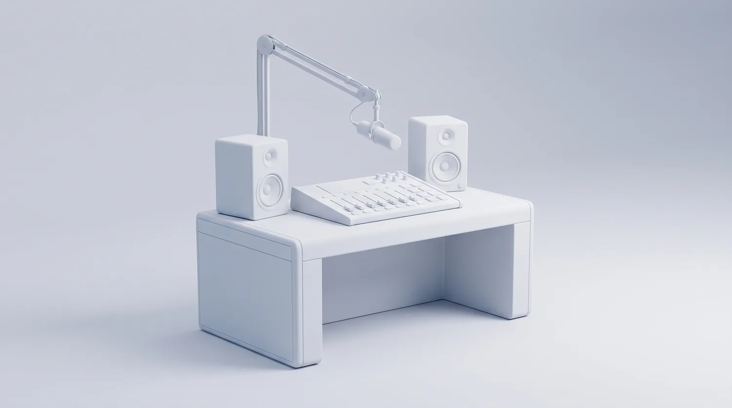 A small broadcast desk at night, mixing console lit by one lamp