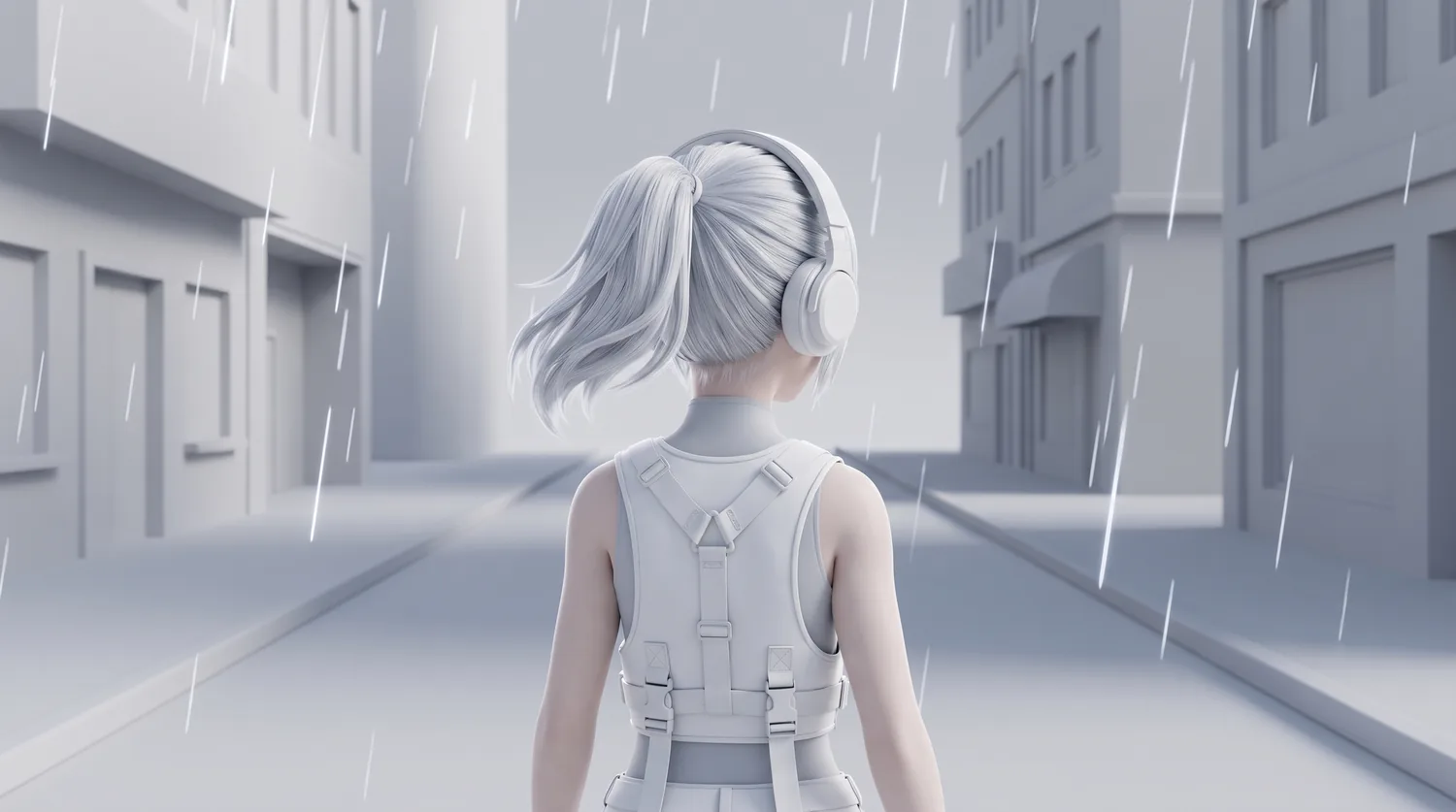 A listener in a white shell jacket walking away in the rain at night