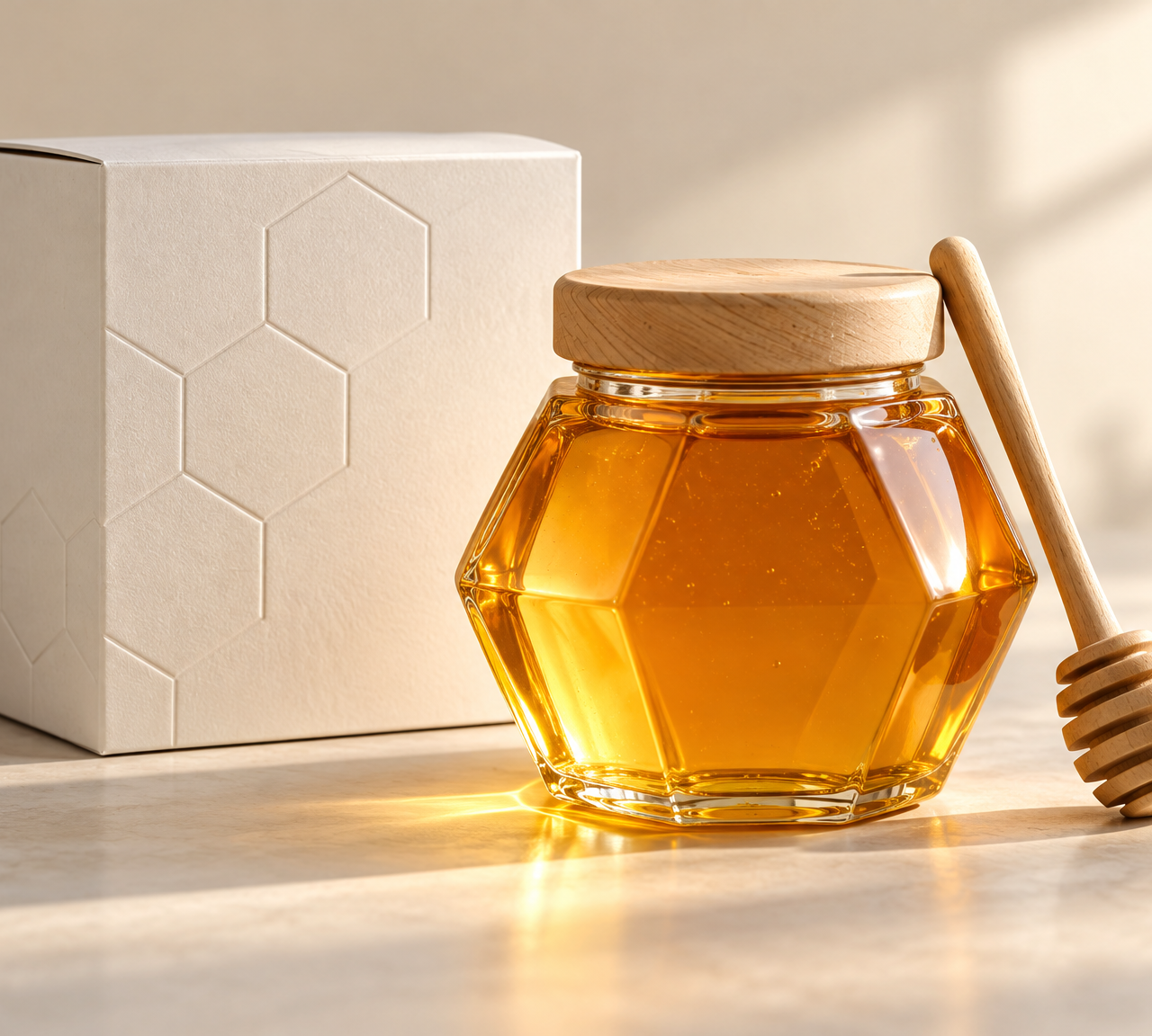Faceted honey jar in front of its gift box