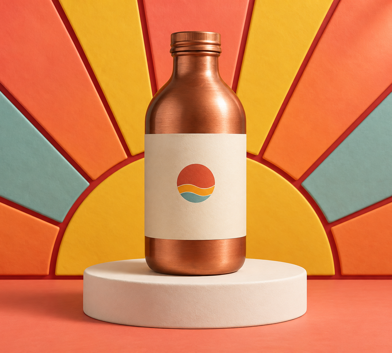 Copper cold brew bottle on a stained-glass sunburst