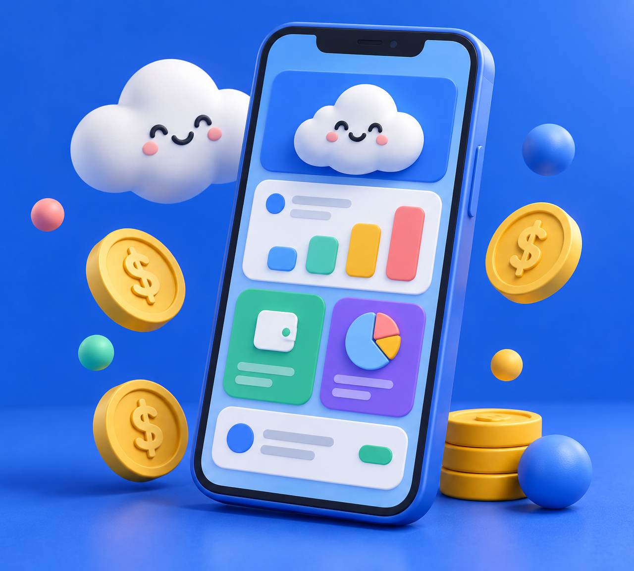 Banking app on a phone with clay illustrations