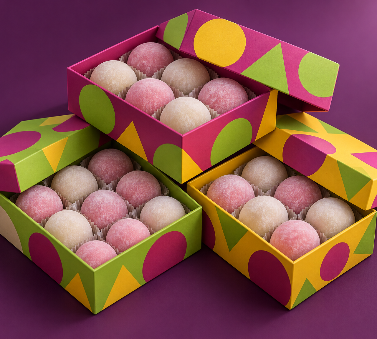 Stacked candy boxes with geometric lids