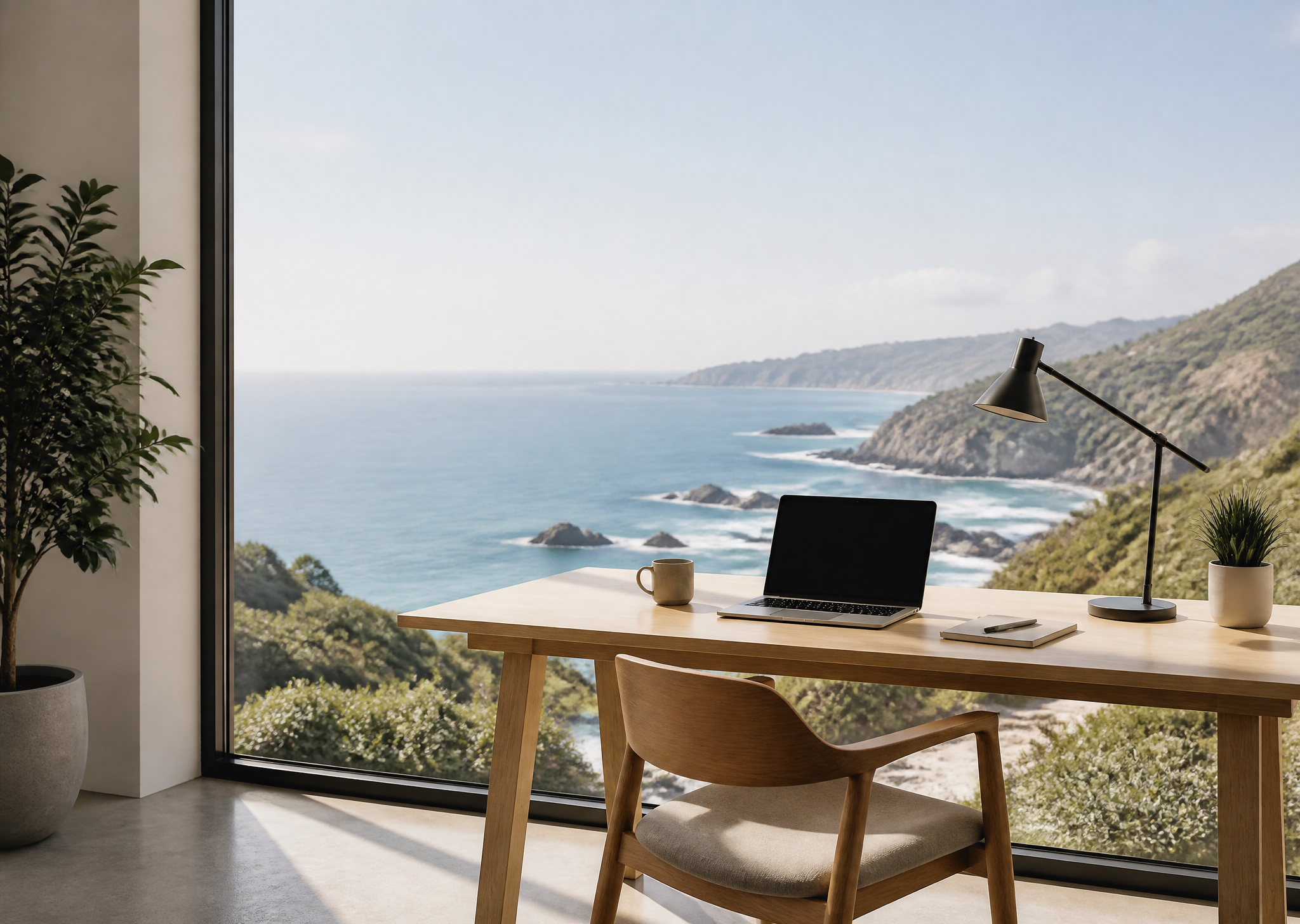 Minimal workspace overlooking the coast